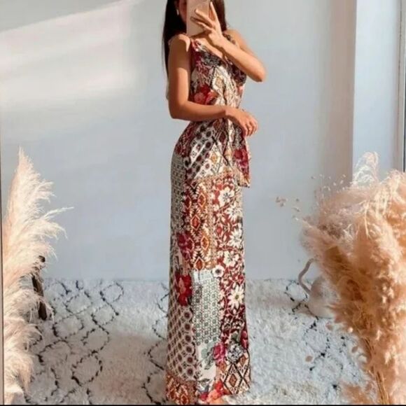 ZARA Paparazzi Patchwork Floral Geometric Belted Multicolor Jumpsuit Size S - Picture 12 of 12